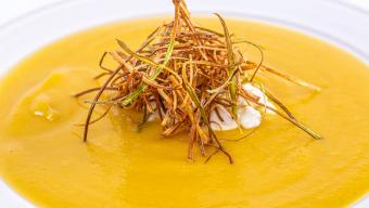 Pumpkin Soup With Allspice Whipped Cream & Fried Leeks