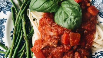 Linguine with Country Pork Ragu and Garlicky Asparagus