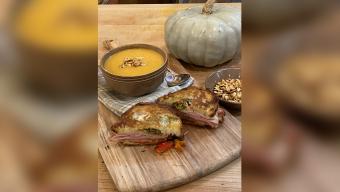 pumpkin soup mufalletta grilled cheese