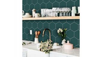 Kitchen and Bathroom Splashback - Removable Vinyl Wallpaper - Hexa Peacock Green - Peel & Stick