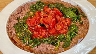 Chianti Risotto with Garlicky Spinach and Oven Charred Tomatoes