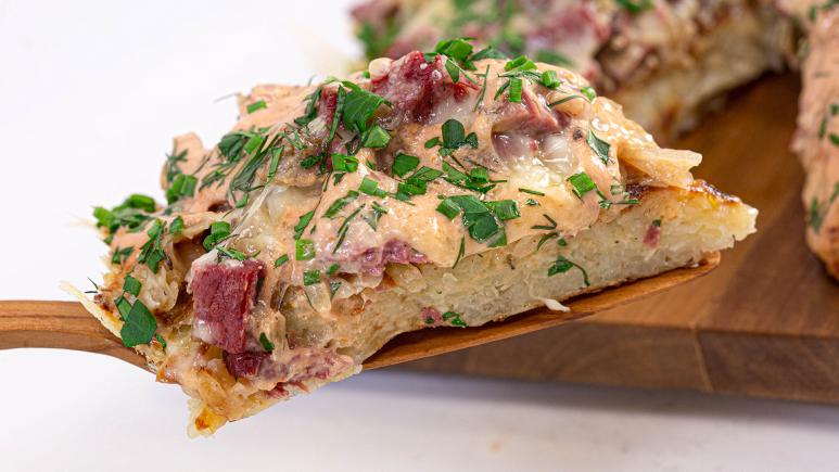 St. Patty's Day Reuben-Style Skillet Potato Pancake with Corned Beef and Stewed Cabbage